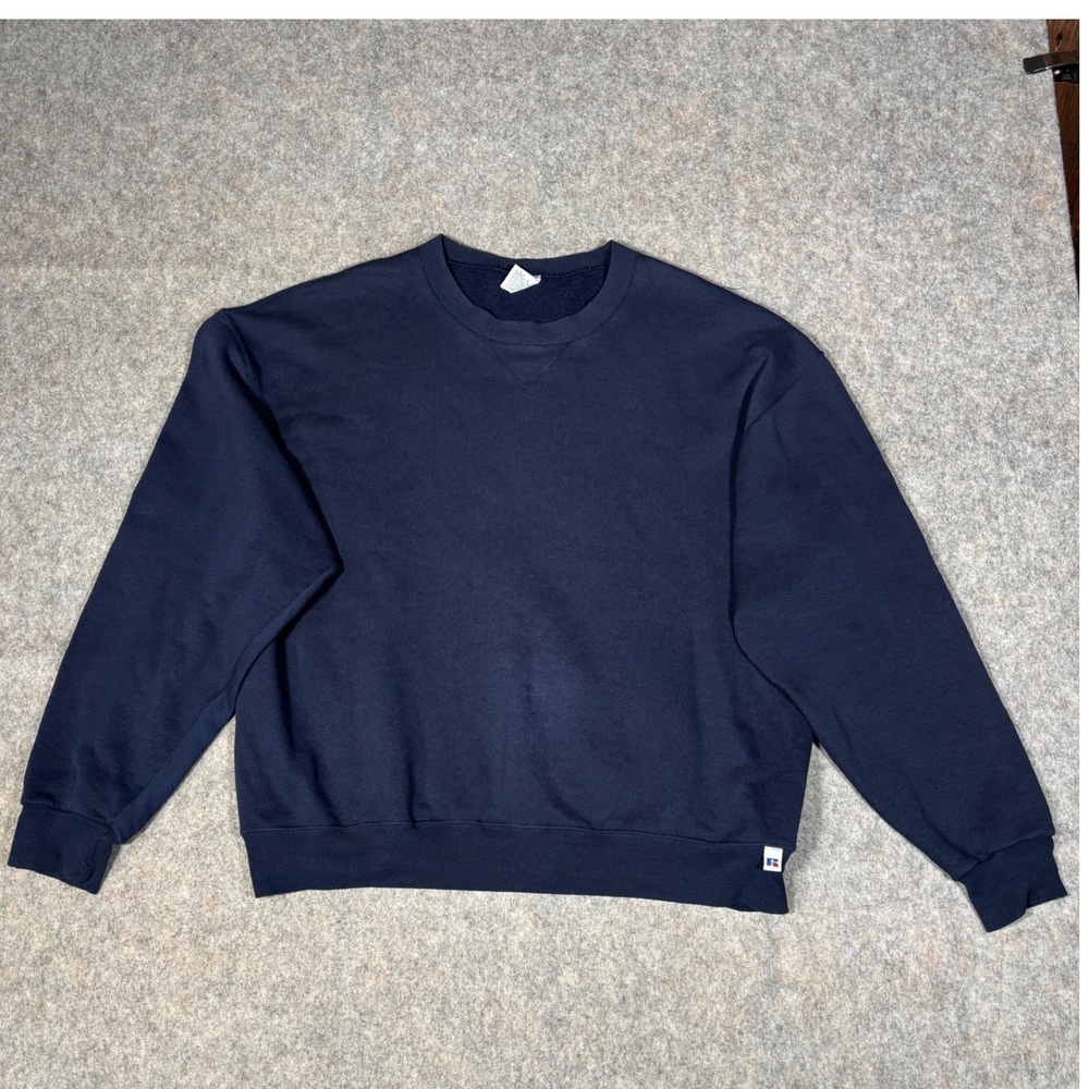 Russell Athletic Sweatshirt Mens L Navy Crewneck Fleece Pullover V Stitch VTG